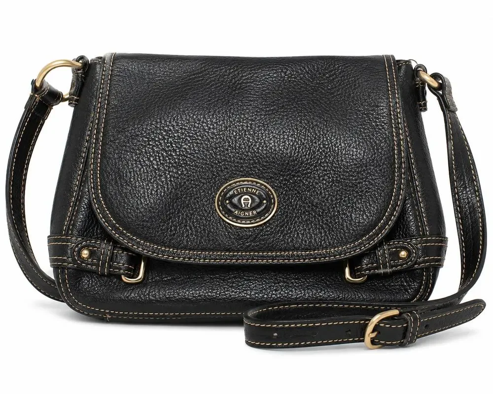 Vintage Etienne Aigner Black Pebbled Leather Flap Crossbody Shoulder Bag Medium